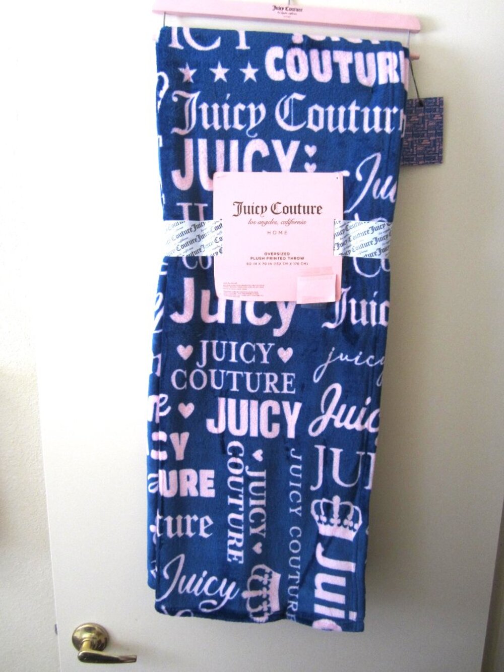Juicy Couture Oversized Plush Printed Throw Blue Pink Crown Star Blanket Home